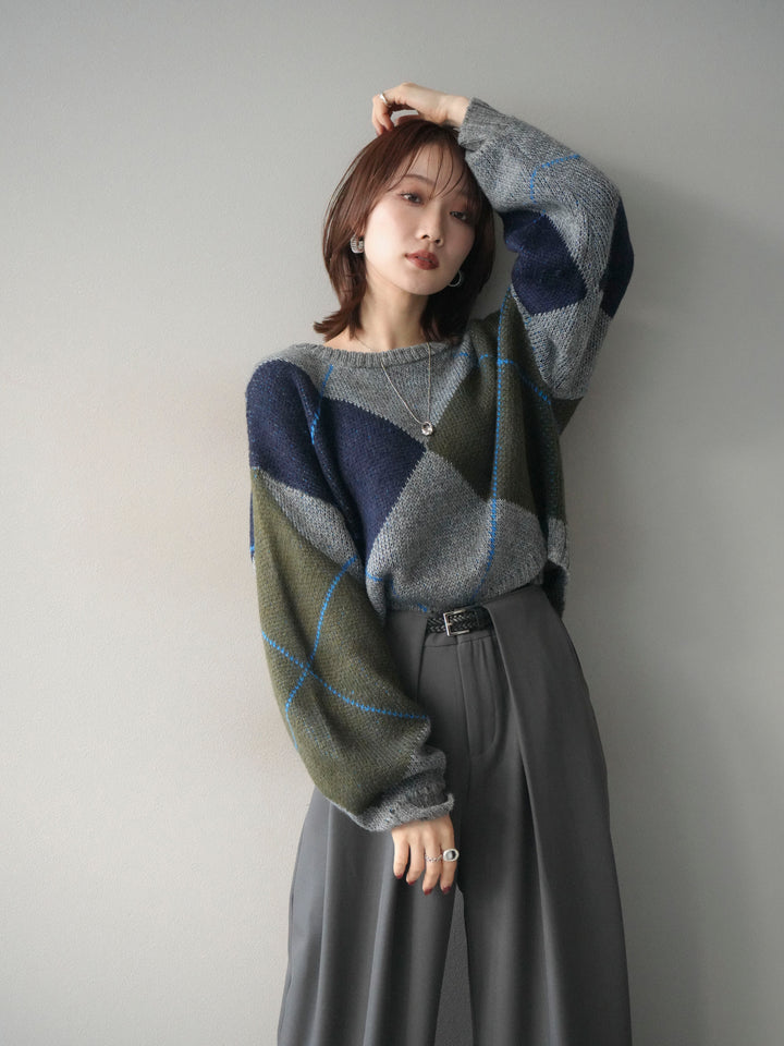 [予約]配色ステッチアーガイル柄ニットプルオーバー/gray