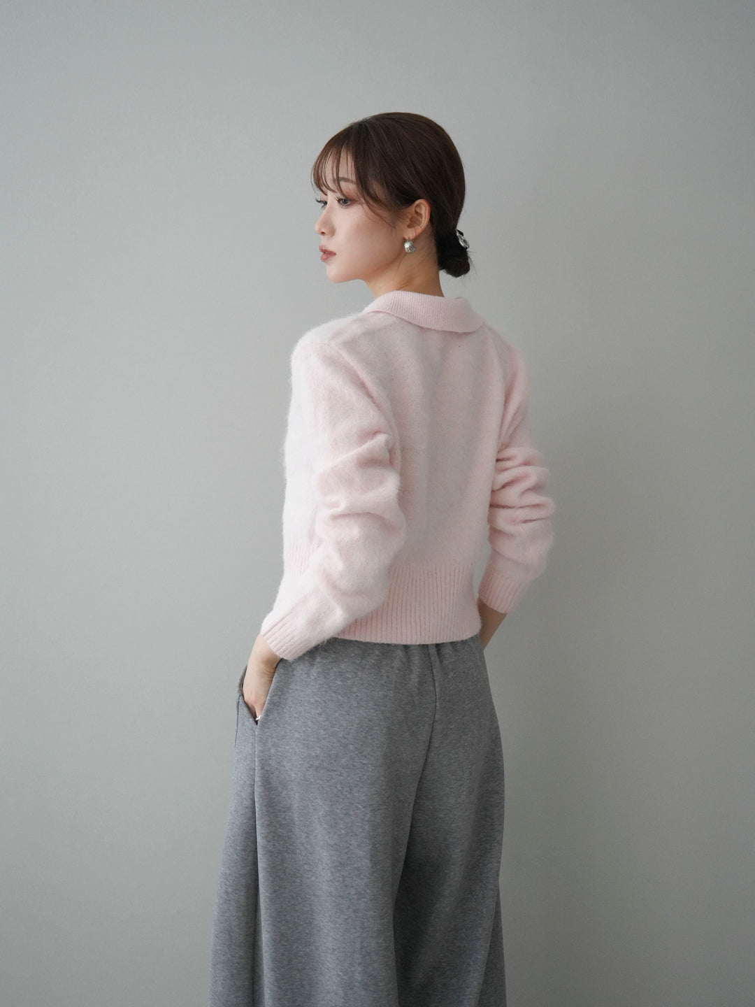 [予約]モヘア衿付きボタンプルオーバー/pink