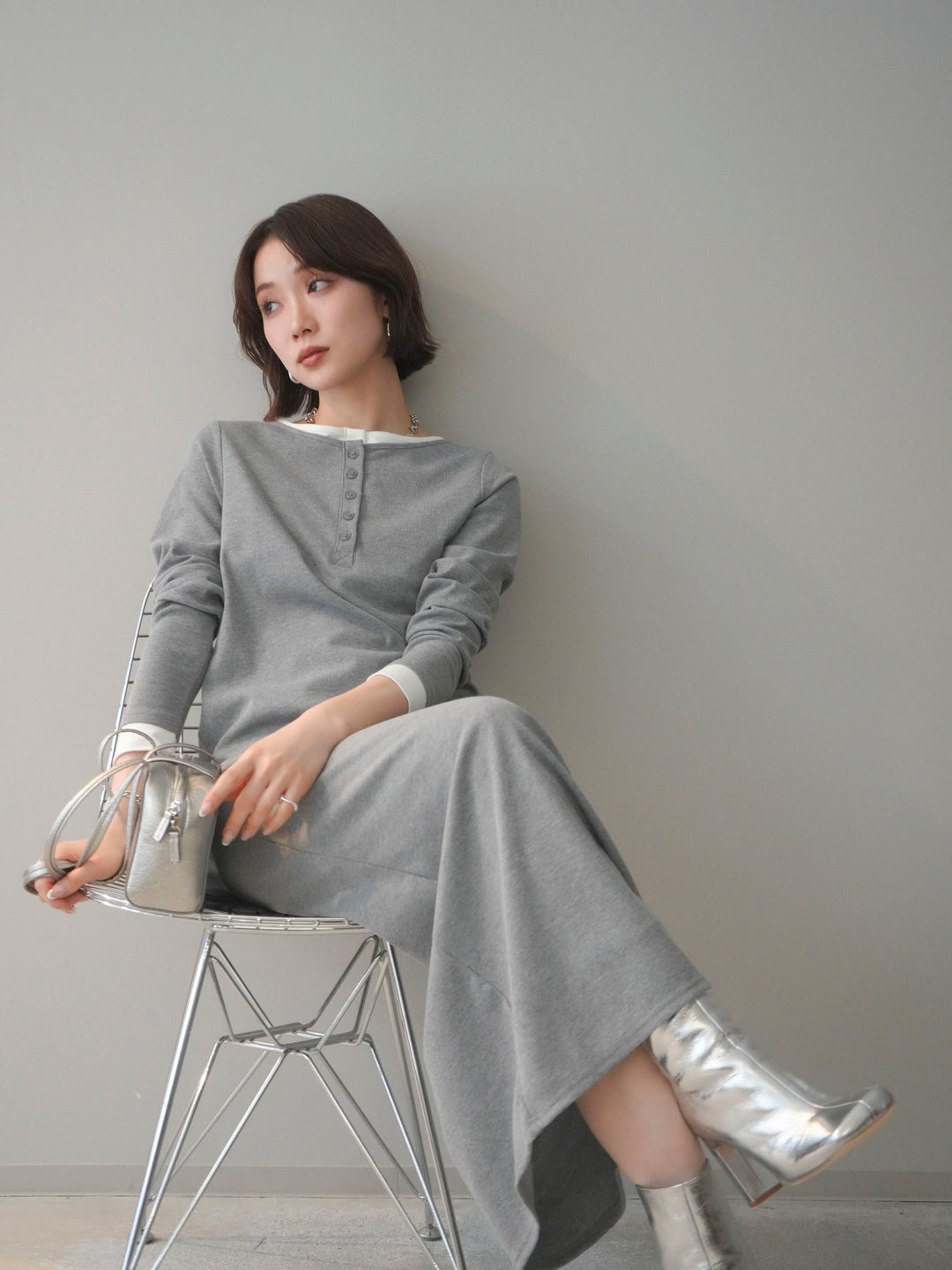 [予約]配色レイヤードヘンリーネックカットリブワンピース/mokugray