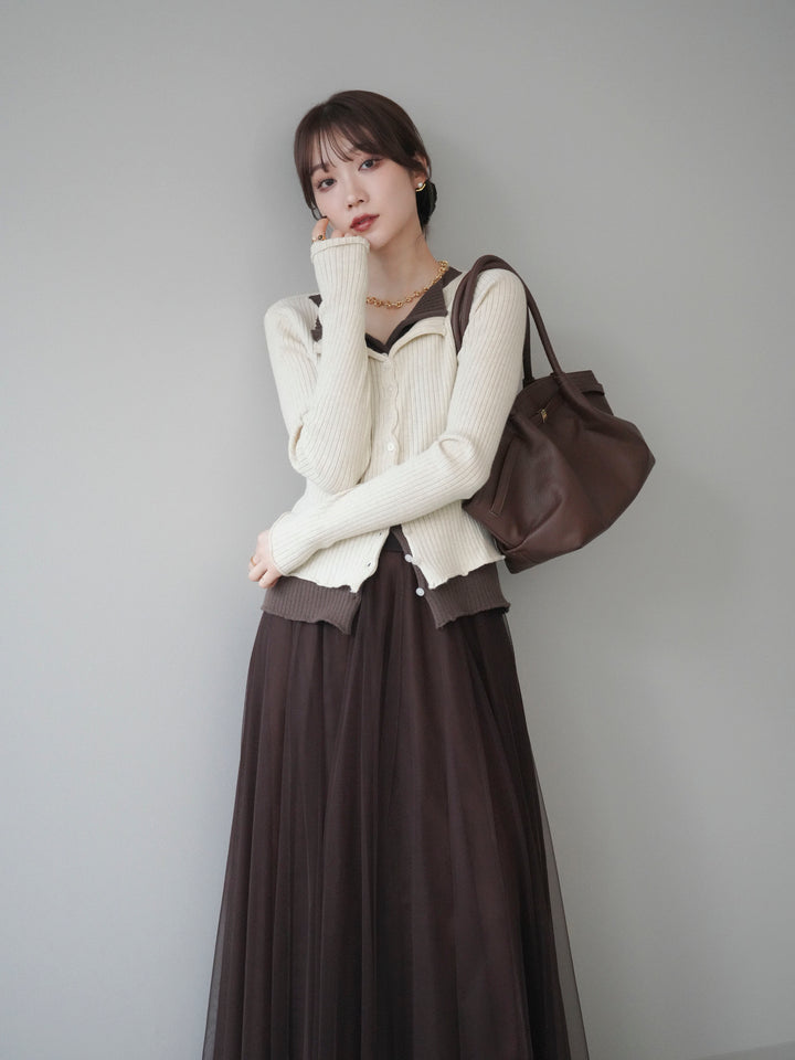 [予約]配色レイヤードリブニットカーディガン/ivory