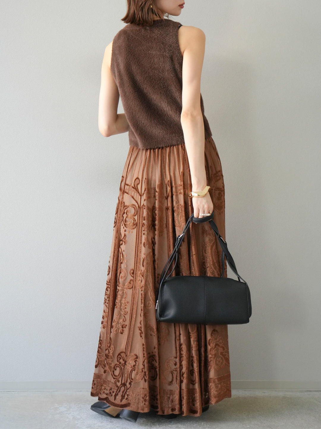 [予約]アンティーク柄フロッキーマキシスカート/ブラウン