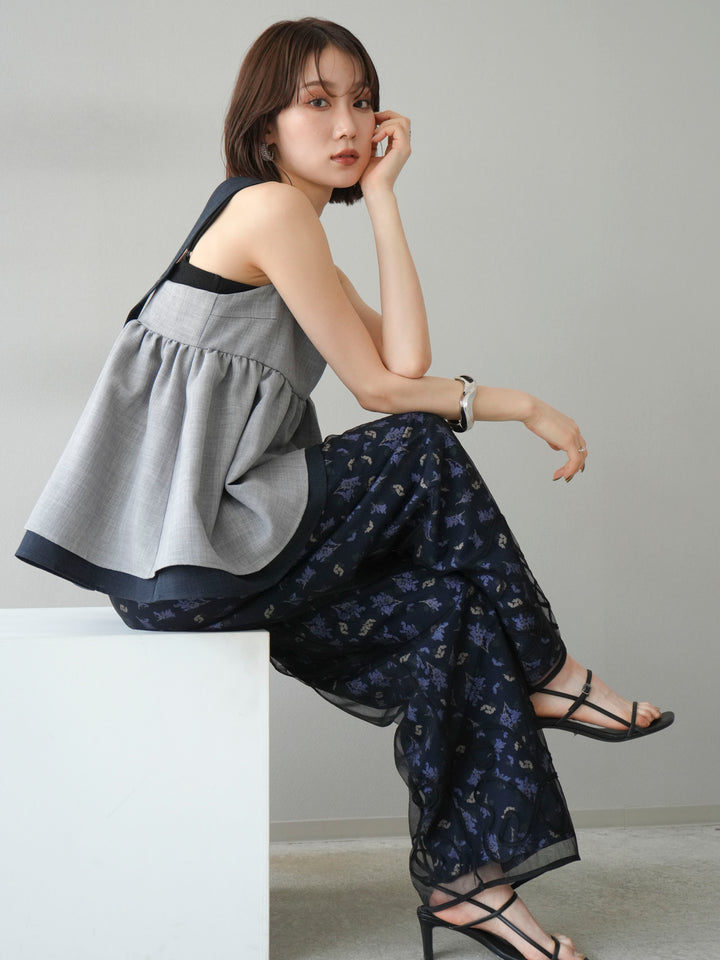 [SET]リネンライク配色フレアタンクトップ+ブーケプリントタックパンツ(2set)