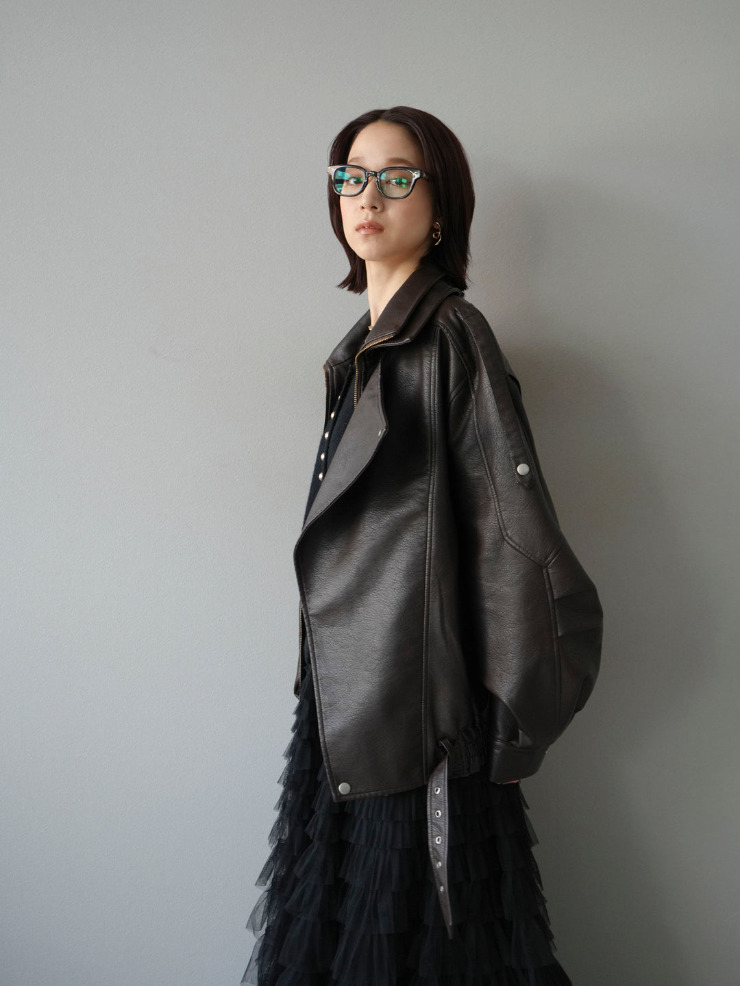 [予約]スタンドカラーフェイクレザーブルゾン/ブラウン