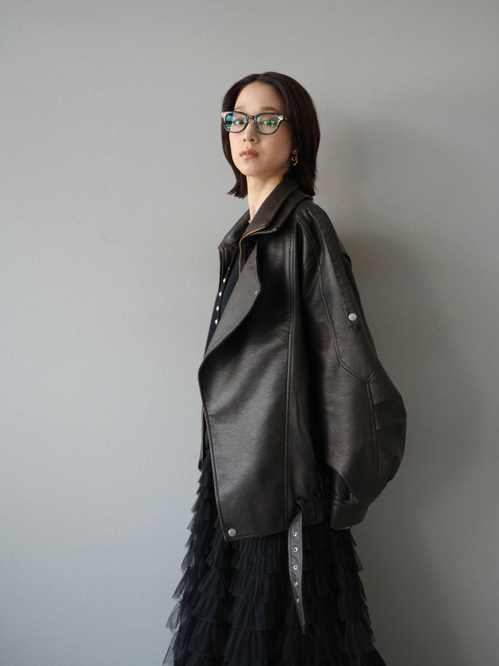 [予約]スタンドカラーフェイクレザーブルゾン/ブラウン