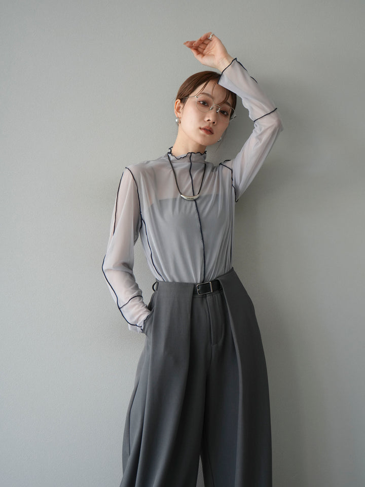 [予約]シアーパイピングカットソー/ライトグレー×ネイビー