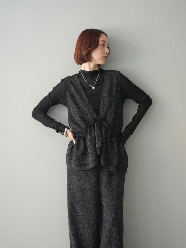[SET]3WAYミックスツイードギャザーオールインワン+シアープチネックストレッチトップス(2set)
