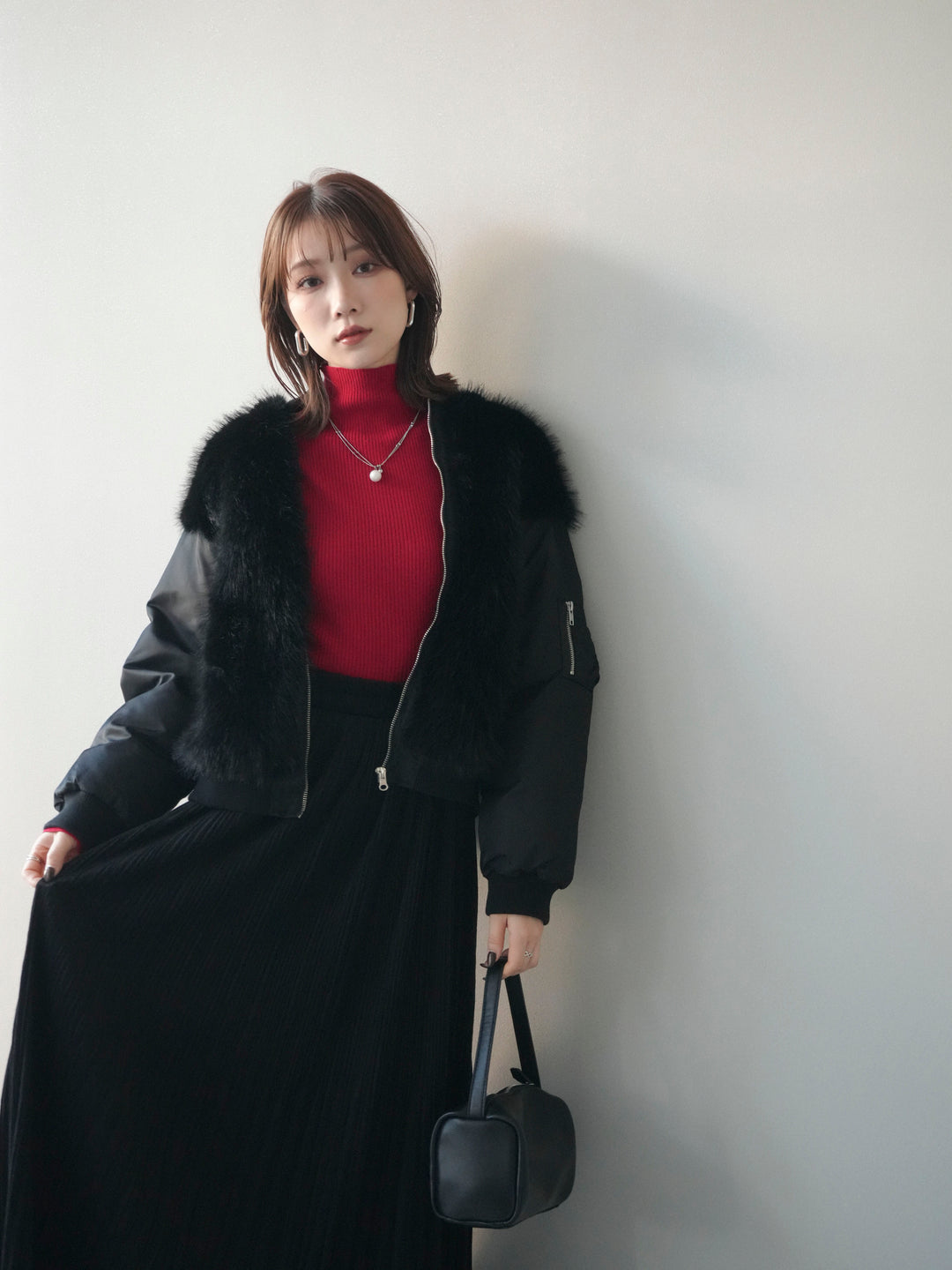 [SET]ファードッキングMA-1+袖ボタンボトルネックリブニットトップス+裾レーススウェードプリーツマキシスカート(3set)