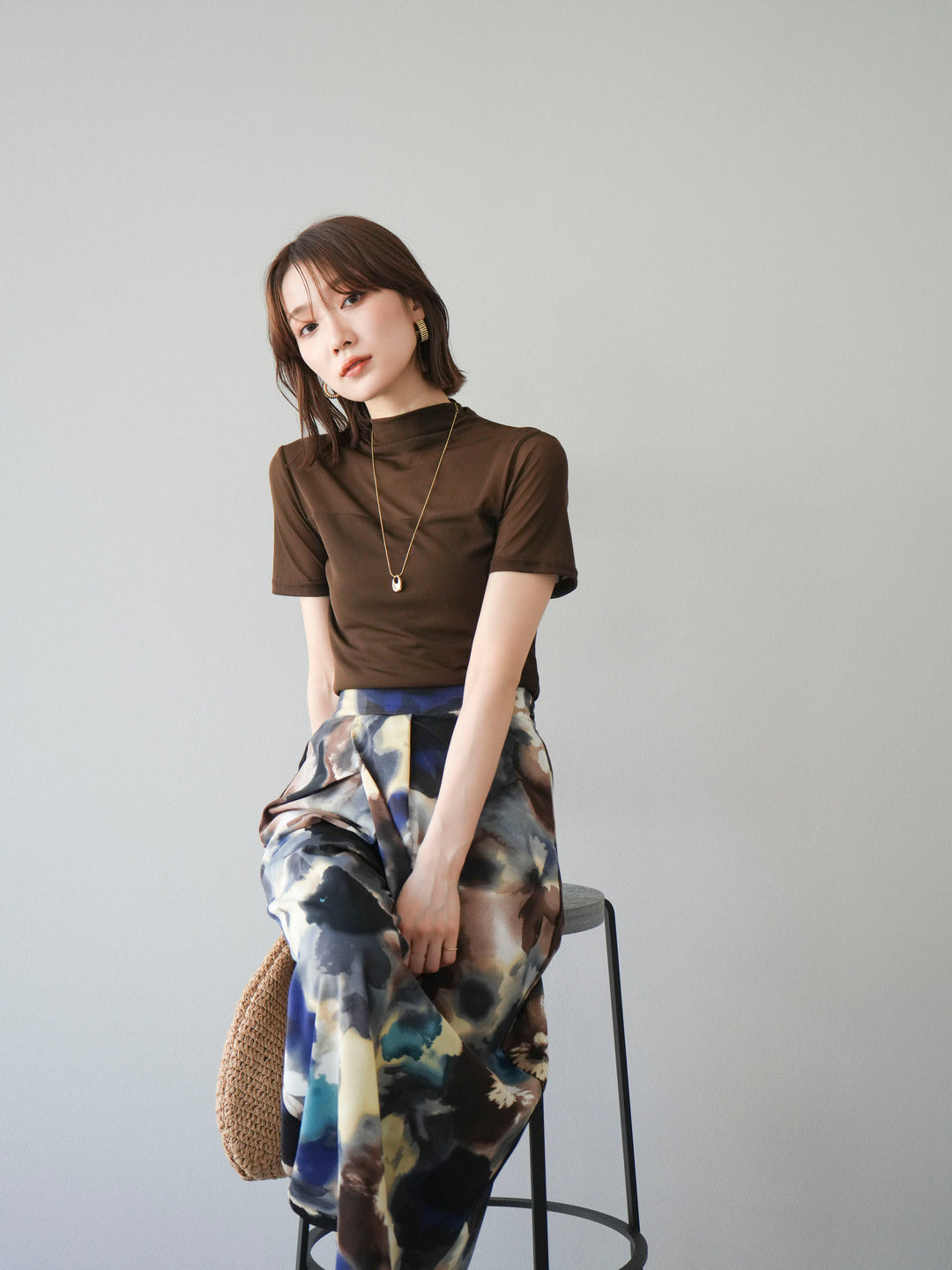 [SET] 透視半袖上衣 + 水彩印花褶襉I字裙 (2set)