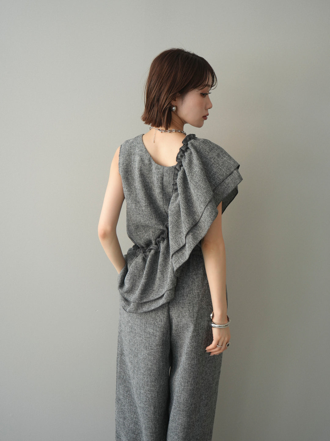 [SET]3WAYミックスツイードギャザーオールインワン+選べるアクセセット(2set)