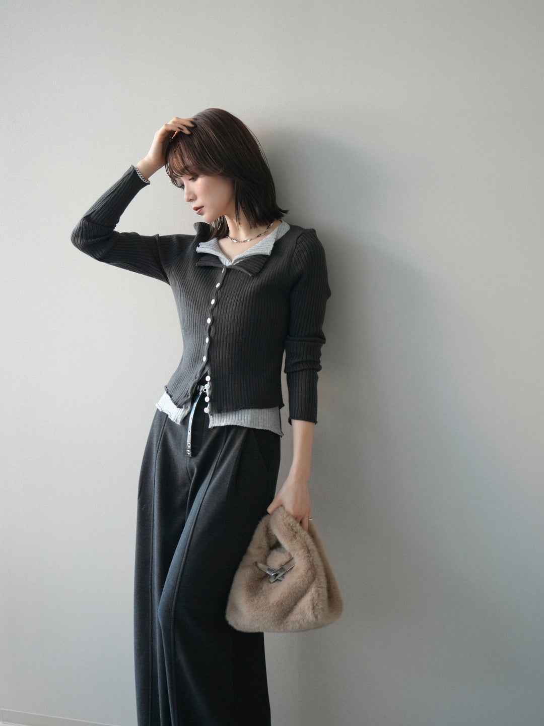 [予約]配色レイヤードリブニットカーディガン/charcoal