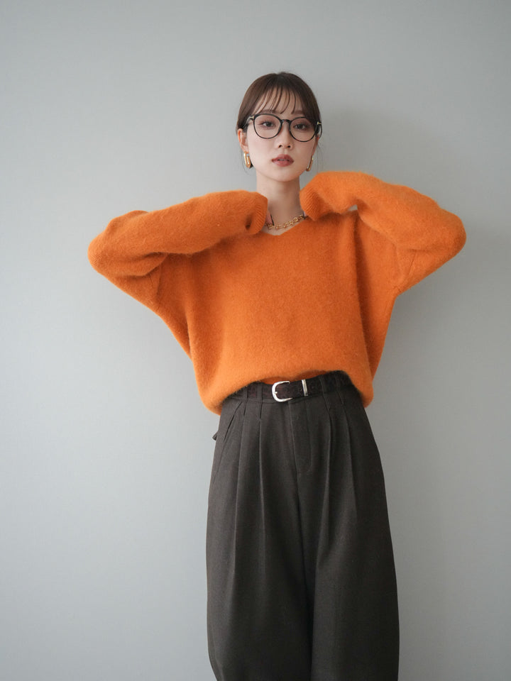 [予約]シュシュ付きアンゴラタッチVネックニットプルオーバー/orange