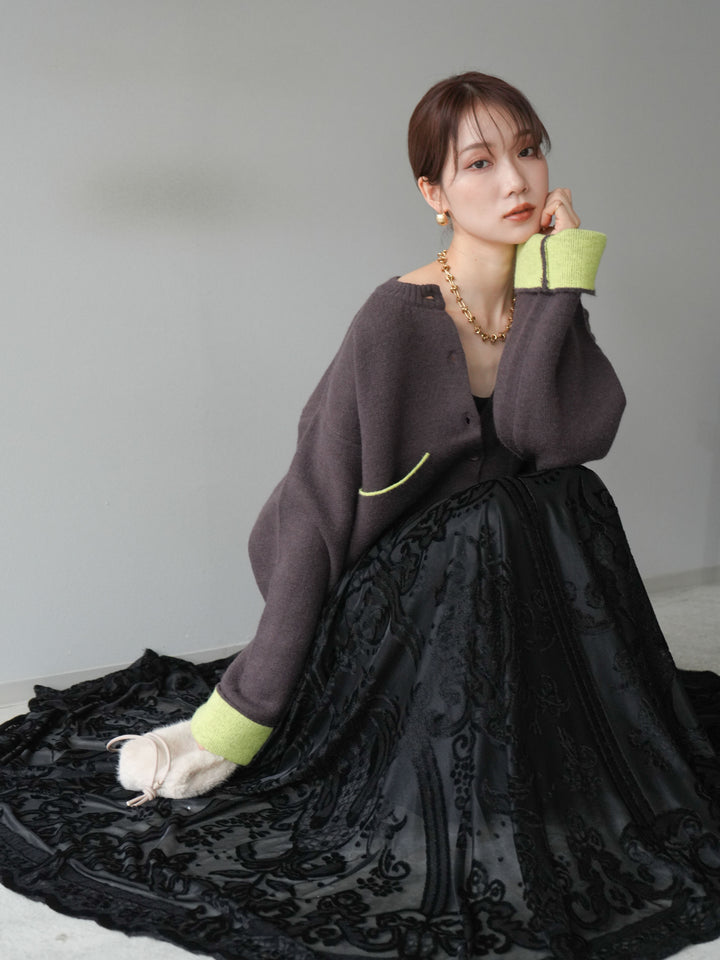 [SET]バイカラーオーバーニットカーディガン+アンティーク柄フロッキーマキシスカート(2set)