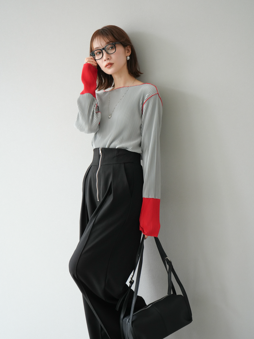 [予約]バイカラープリーツトップス/グレー