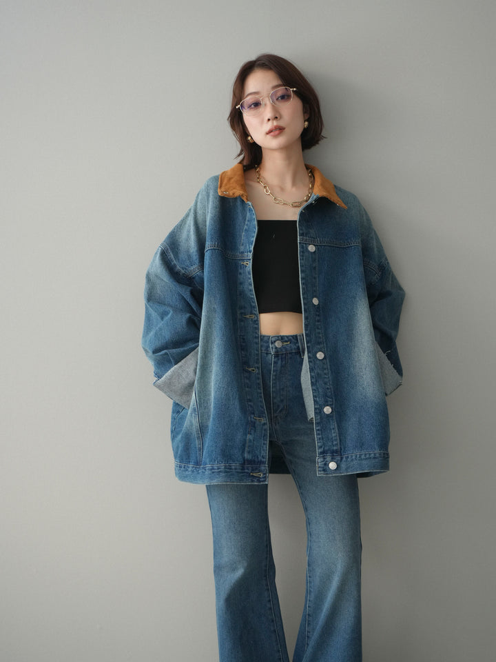 [SET]コーデュロイ×デニムミドルジャケット+フレアデニムパンツ(2set)