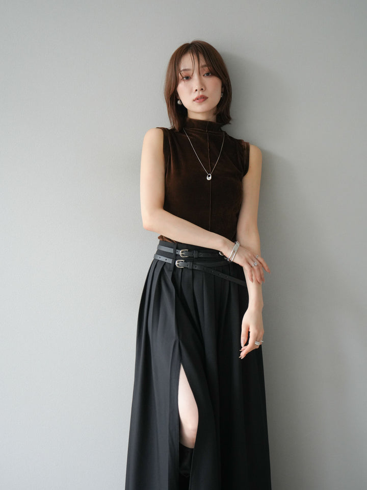 [SET]シアーベロアプチネックノースリーブトップス+エステルプリーツスリットスカート(2set)