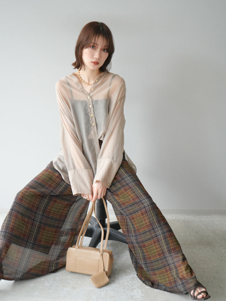 [SET] 亮面透視立領襯衫 + 透視格紋寬鬆褲 (2 件套)