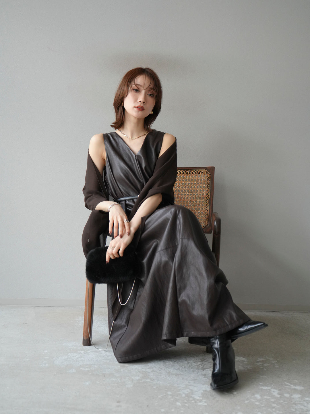 [予約]レザーAラインワンピース/ブラウン