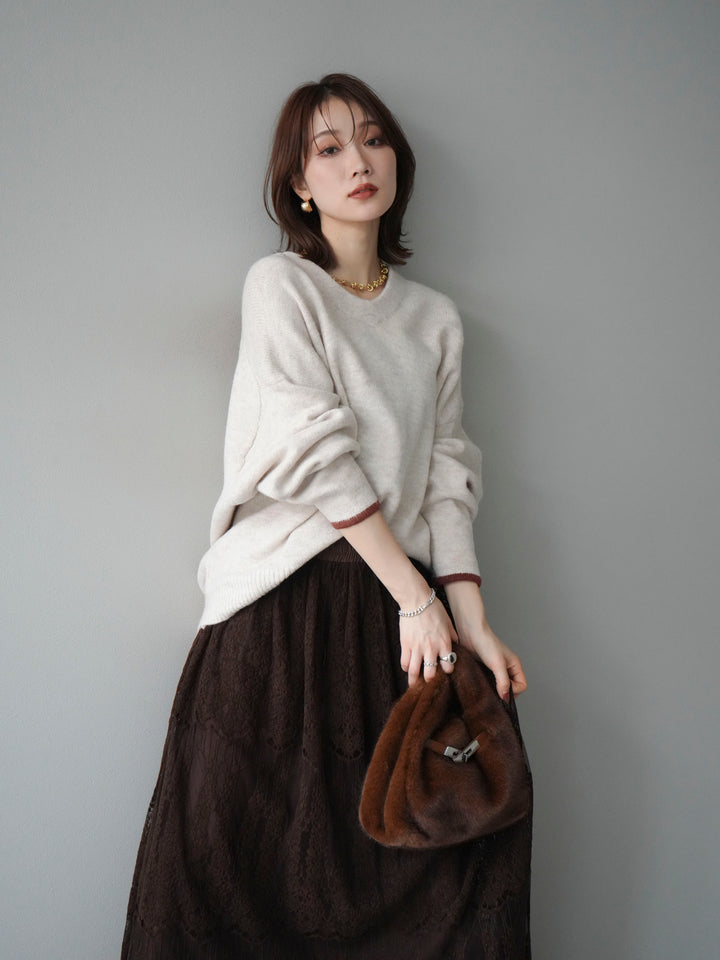 [SET]Vネック配色スリーブニットプルオーバー+選べるアクセセット(2set)