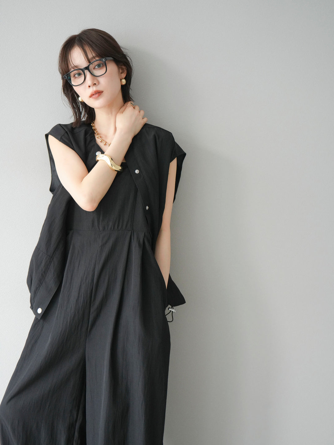 [SET]リネンライクビスチェデザインサロペット+リネンライクドロストバルーンブルゾン(2set)