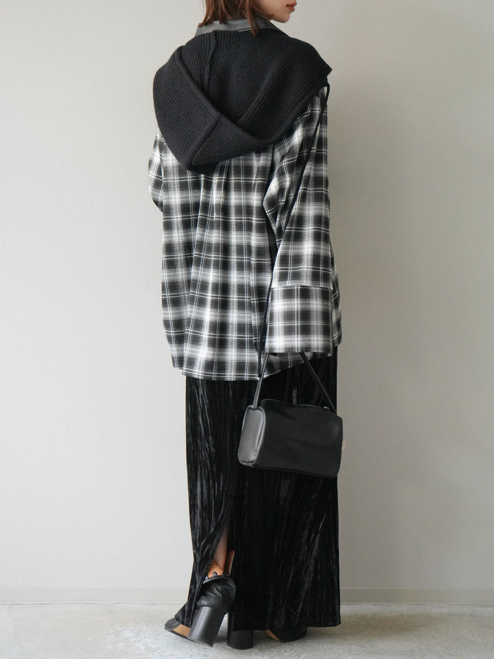 [SET]レザー襟オンブレチェックオーバーシャツ +クラッシュベロアナロースカート(2set)