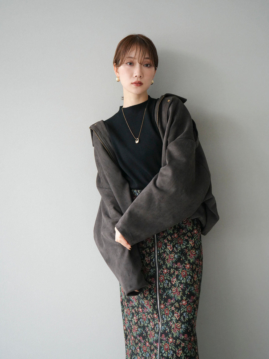 [SET]スウェードオーバーブルゾン+ゴブランフロントジップタイトスカート(2set)