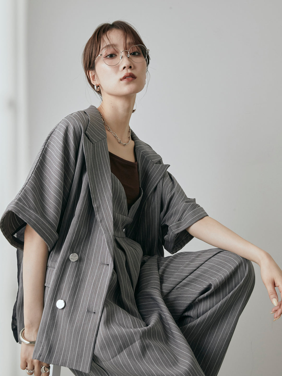 [予約]ヘリンボーンストライプサロペット/チャコール