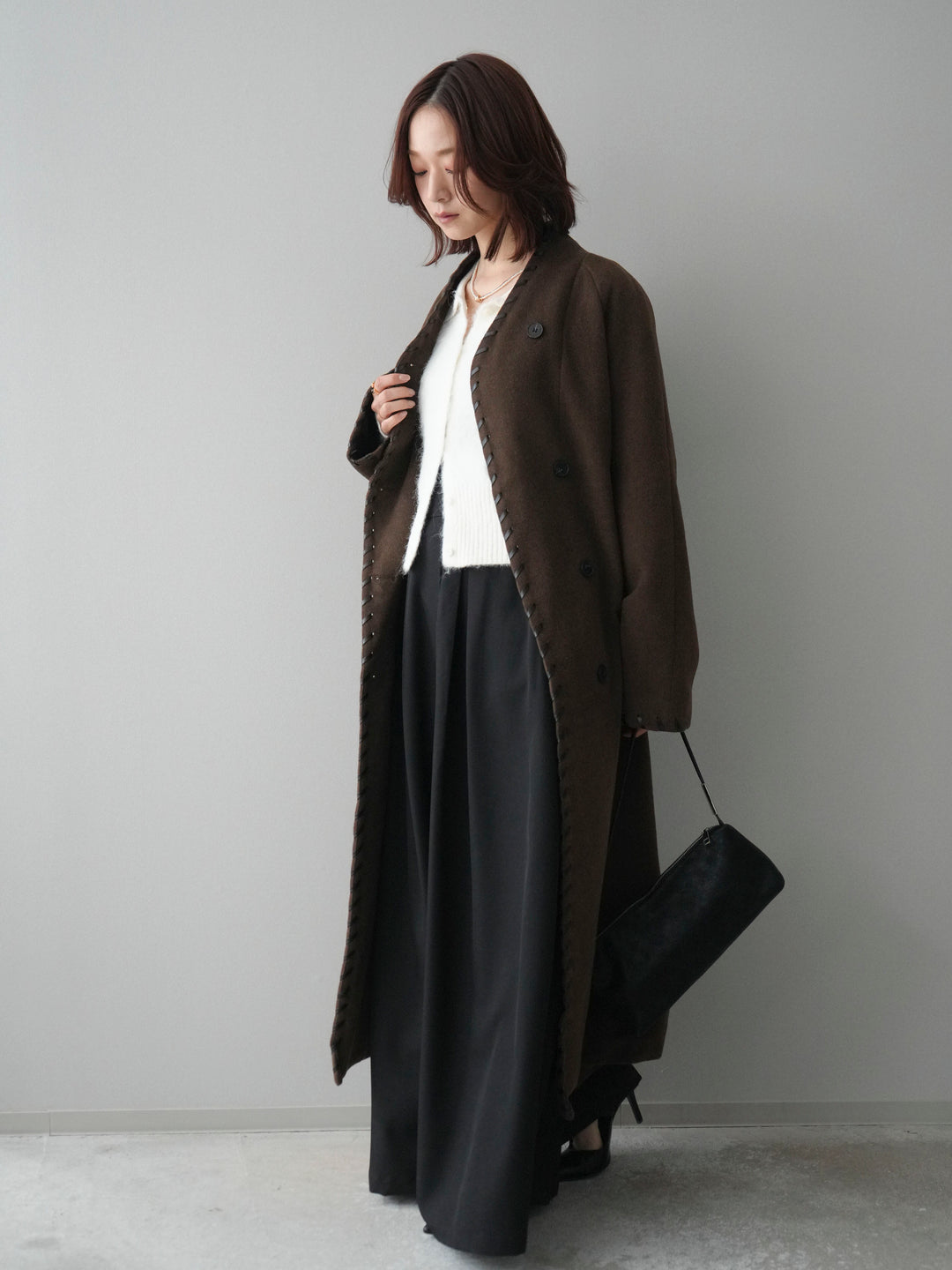 [SET]ハンドステッチ裏中綿ロングコート+テープベルトタックバギーパンツ(2set)