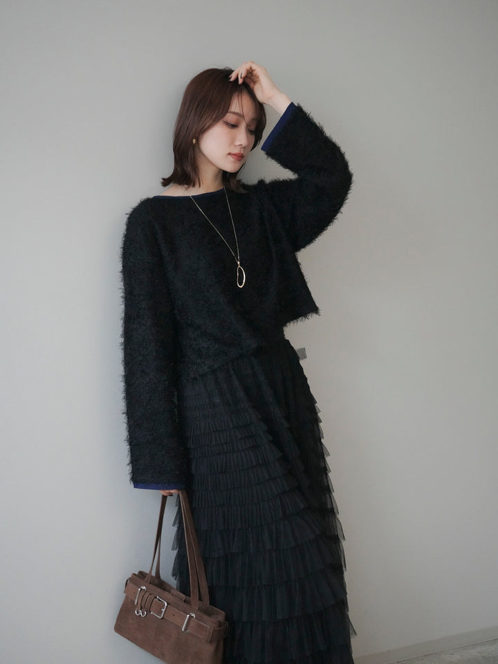 [予約]バイカラー2WAYシャギーニットカーディガン/black