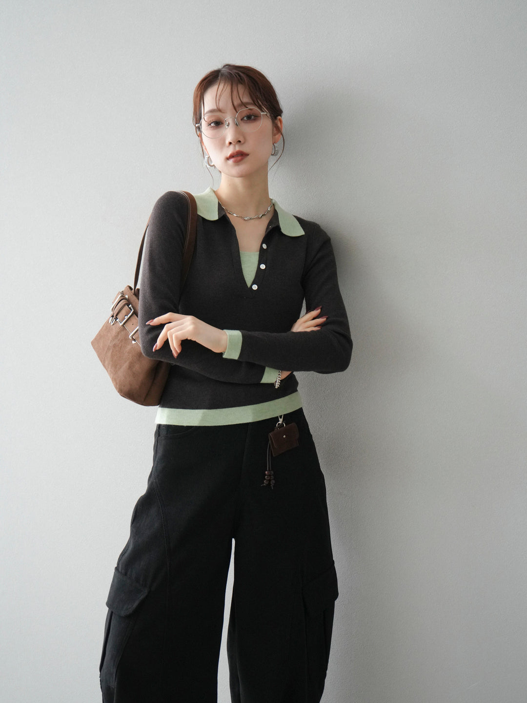 [予約]レイヤード配色ポロニットトップス/darkbrown