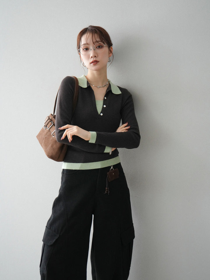 [予約]レイヤード配色ポロニットトップス/darkbrown