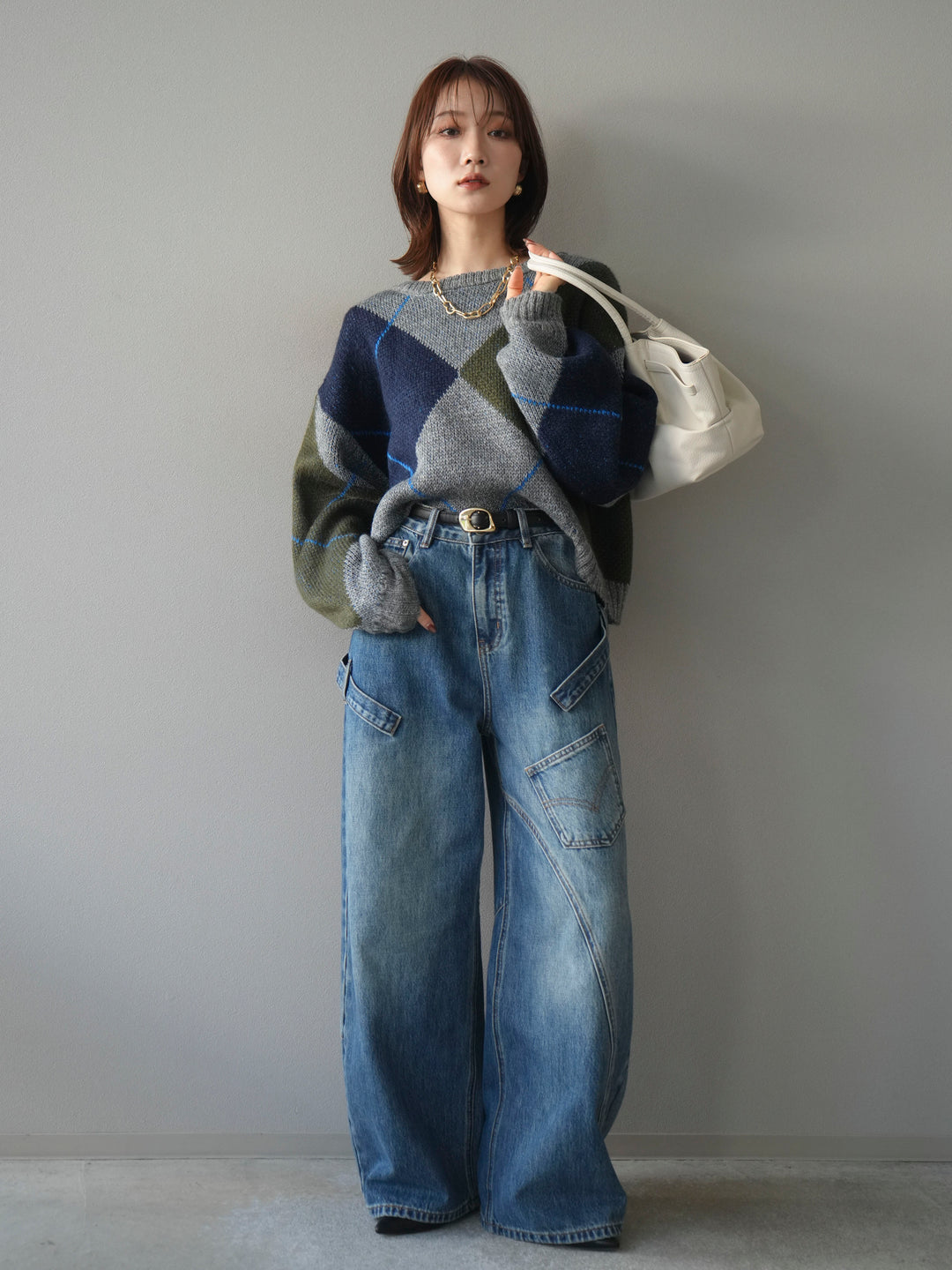 [SET]配色ステッチアーガイル柄ニットプルオーバー+ペインターカーブデニムパンツ(2set)