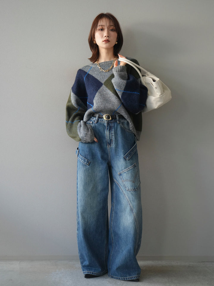 [SET]配色ステッチアーガイル柄ニットプルオーバー+ペインターカーブデニムパンツ(2set)