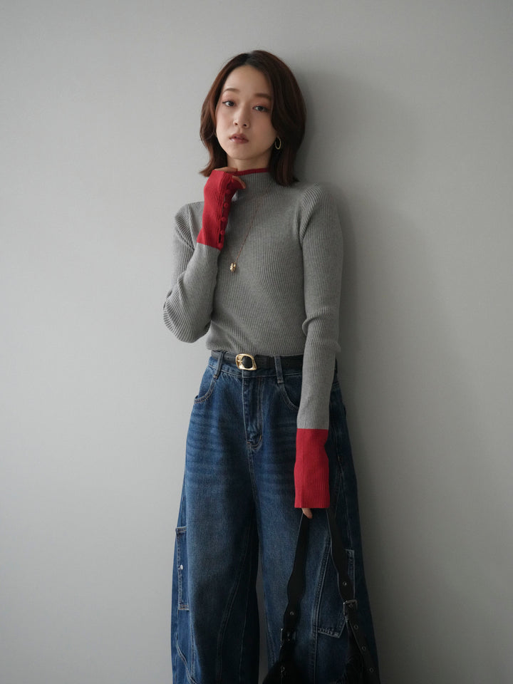 [SET]袖ボタンハイネック配色リブニットトップス+選べるアクセセット(2set)