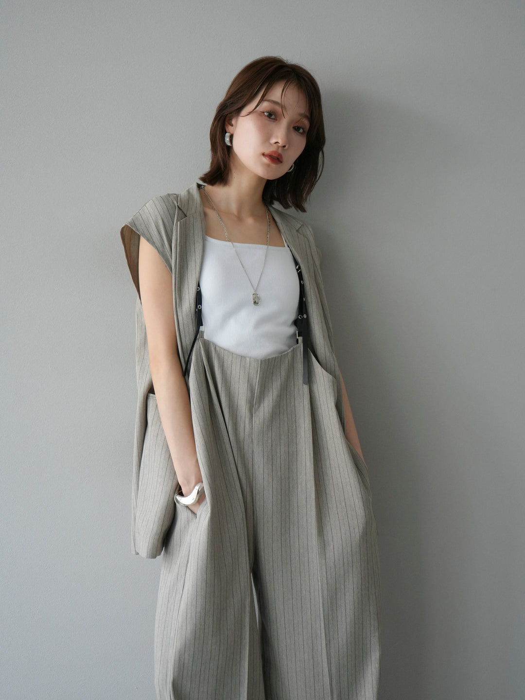 [SET]ヘリンボーンストライプジレ+ヘリンボーンストライプサロペット(2set)