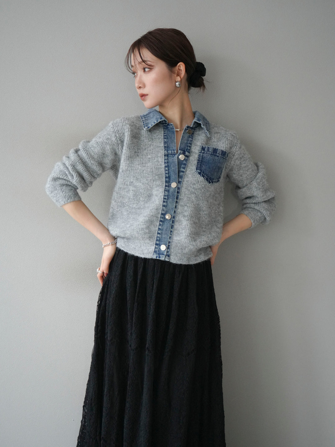 [予約]デニム襟ポケットニットカーディガン/gray