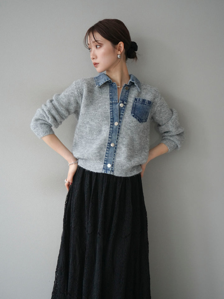 [予約]デニム襟ポケットニットカーディガン/gray