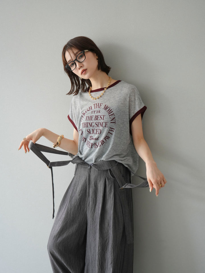 [SET]ストリングデザインハイウエストサロペット+シアーフライス ロゴプリントT (2set)