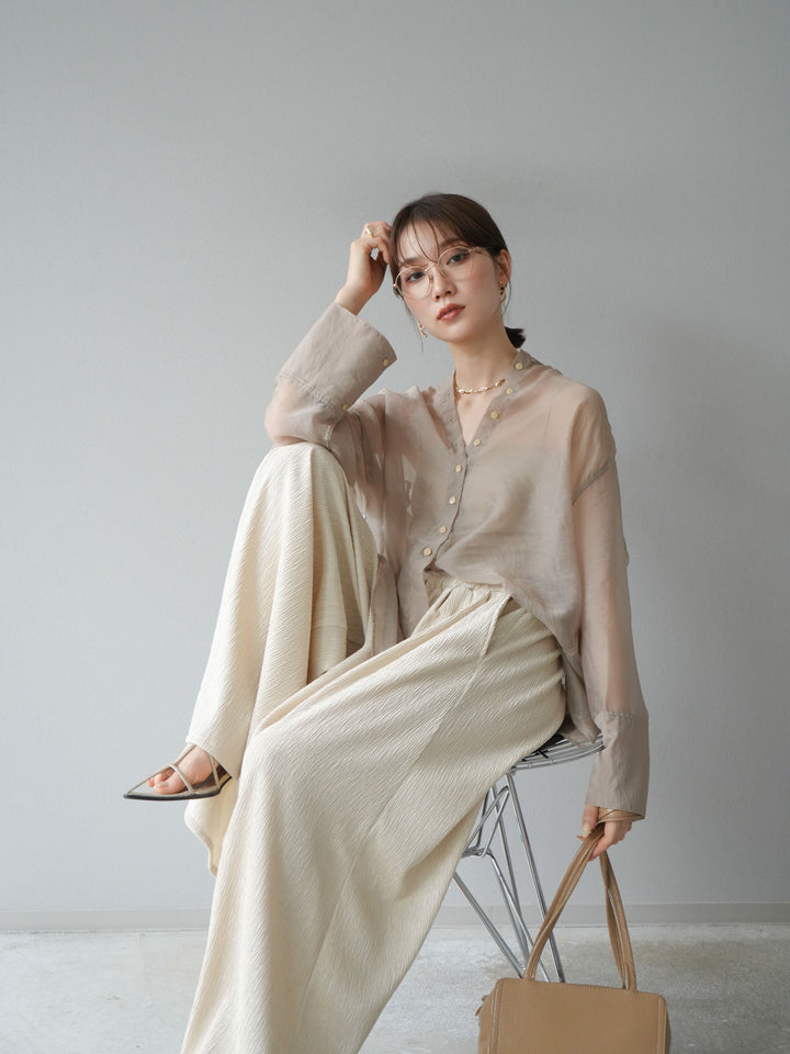 [SET] 亮面透視立領襯衫 + 柳葉寬褲 (2set)