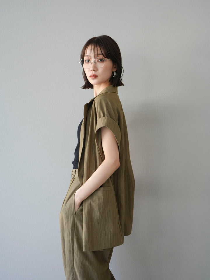 [套裝] 亞麻風格無袖雙背心 + 雙肩帶剪裁羅紋胸罩吊帶背心（2 件套）