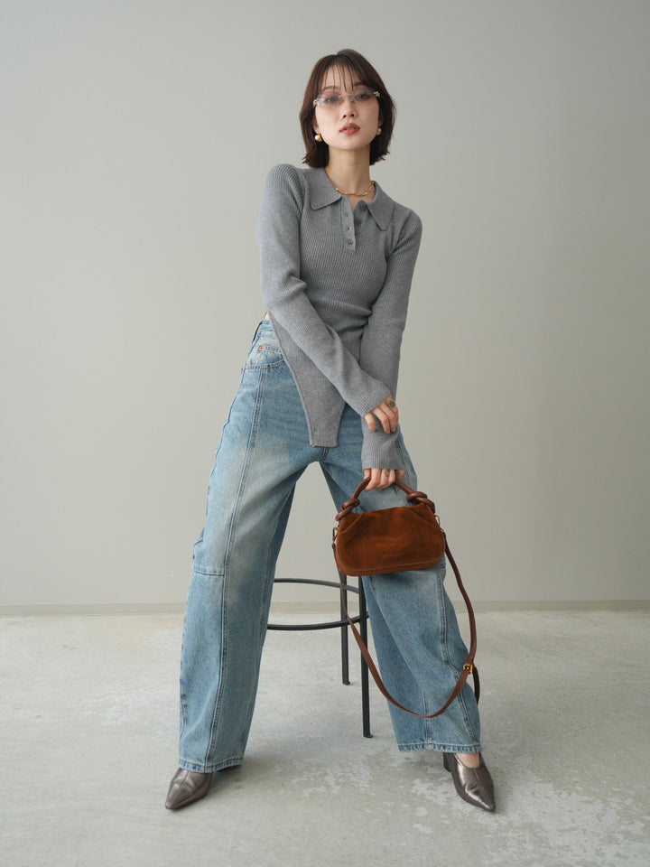 [予約]リブポロニットボディスーツ/mokugray