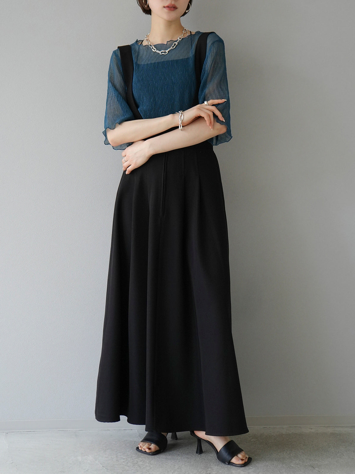 予約]楊柳シアーメローハーフスリーブトップス/ブルーグリーン – Lumier