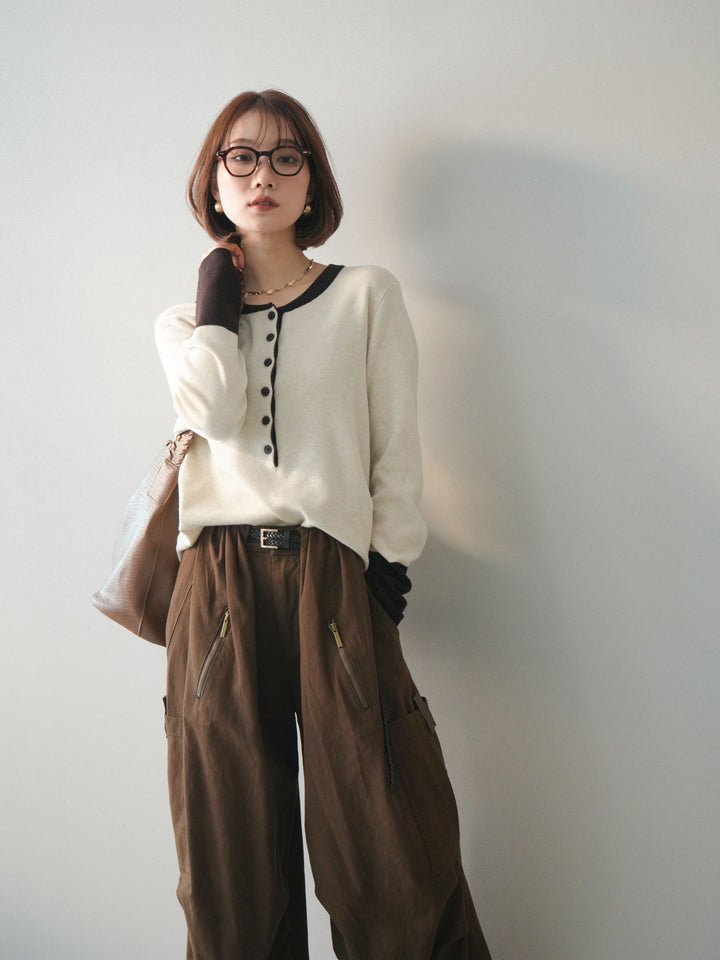 [SET]ヘンリーネック配色ニットソー+ヘンリーネック配色ニットソー(2set)