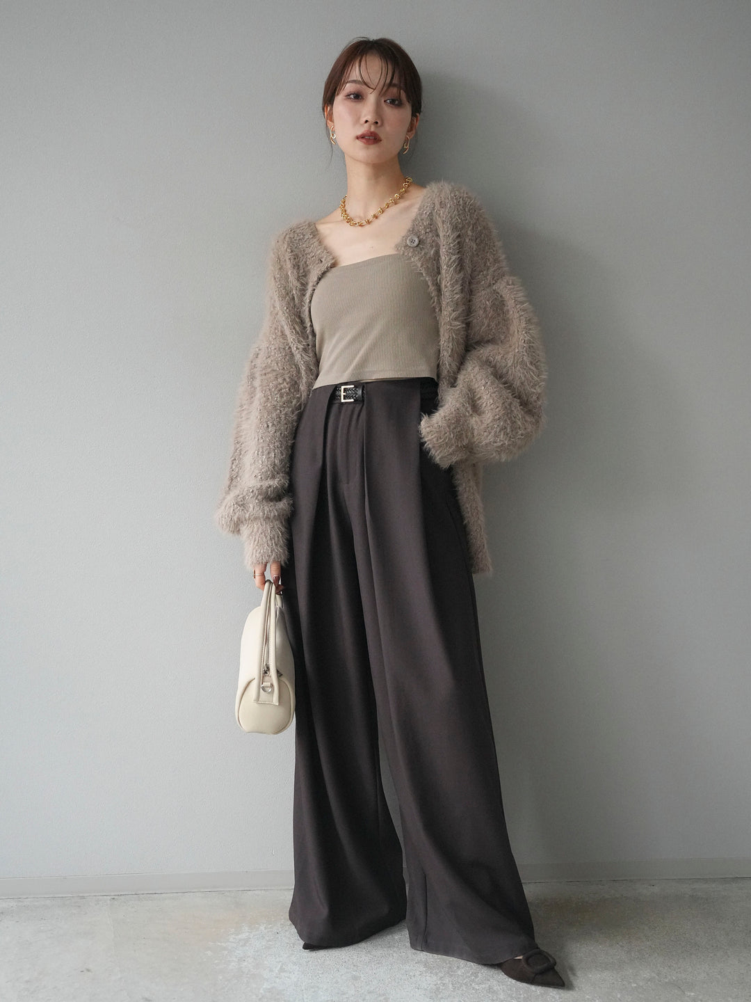 [SET]クルーネックランダムシャギーカーディガン+ベルトループデザインワイドパンツ(2set)