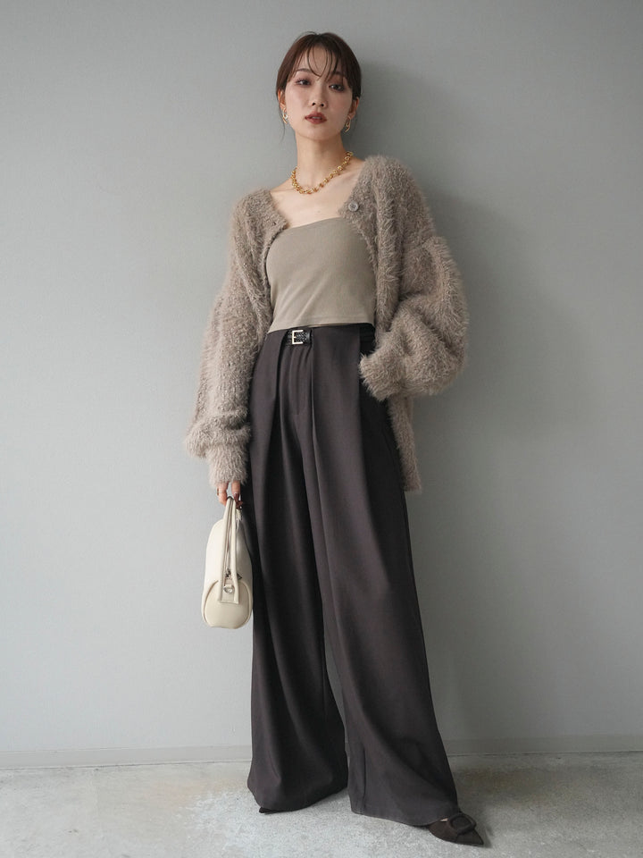 [SET]クルーネックランダムシャギーカーディガン+ベルトループデザインワイドパンツ(2set)