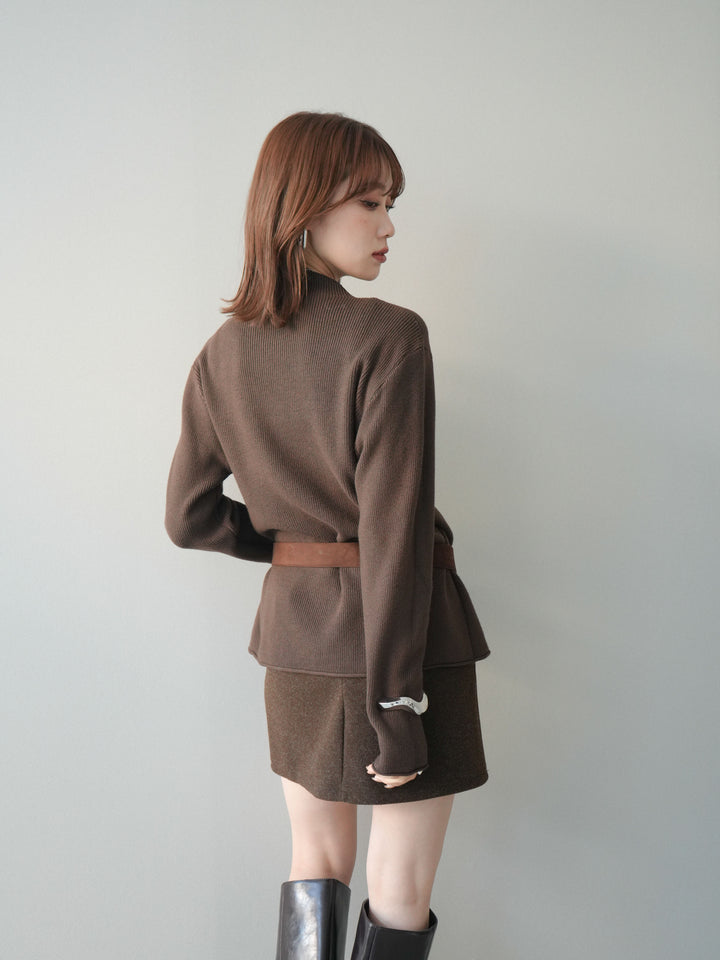 [予約]ボトルネック裾カールリブニットトップス/brown