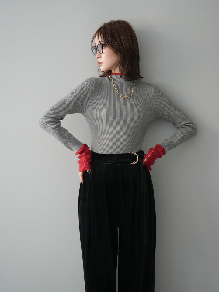 [予約]袖ボタンハイネック配色リブニットトップス/gray