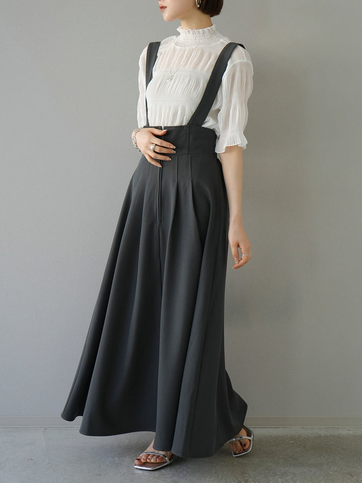 [SET] Shirring chiffon half sleeve blouse + 2WAY flare jumper skirt (2set)