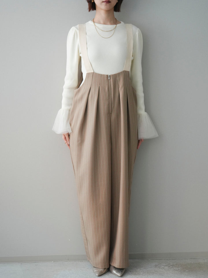 [予約]グログランテープストライプサロペット/beige