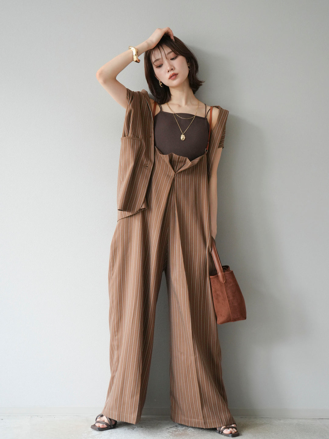 【着回しセット】[SET]ヘリンボーンストライプジレ+シアー切替ベロアトップス+ヘリンボーンストライプサロペット(3set)