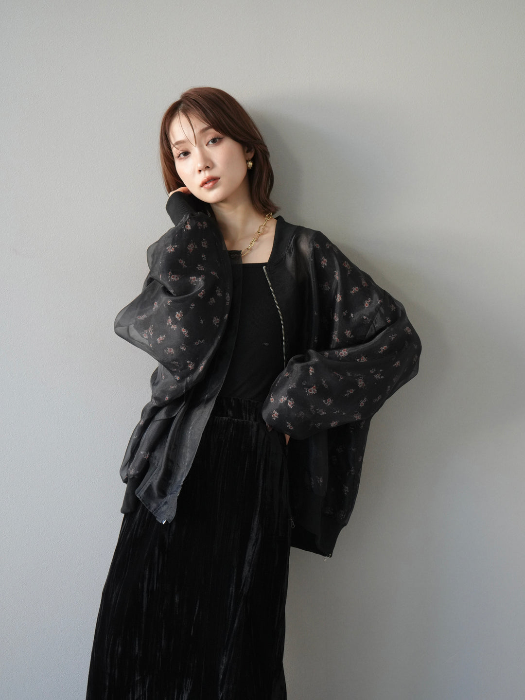 [予約]フラワーチュールドッキングブルゾン/ブラック